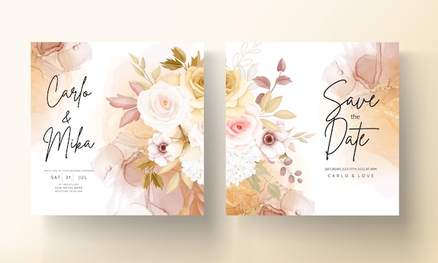 Vector wedding invitation template set with elegant brown floral