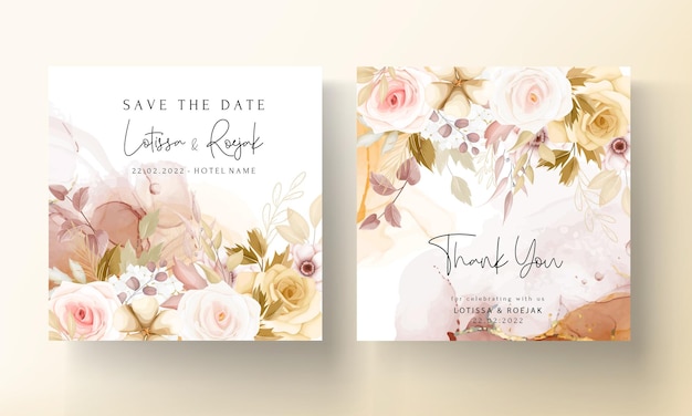 Wedding invitation template set with elegant brown floral