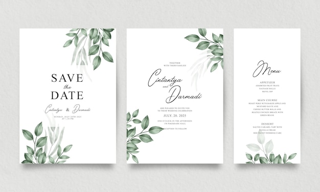 Vector wedding invitation template set with elegant green leaves