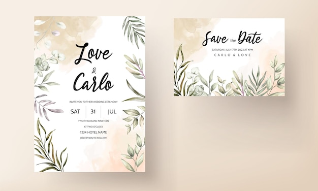 Wedding invitation template set with elegant leaves