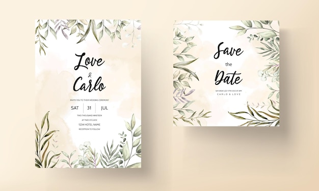 Wedding invitation template set with elegant leaves