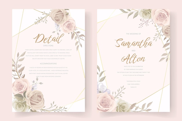 Шаблон свадебного приглашения с цветочным орнаментом и листьями
