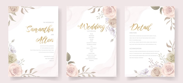 Wedding invitation template set with floral and leaves decoration