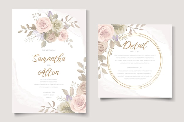 Wedding invitation template set with floral and leaves decoration