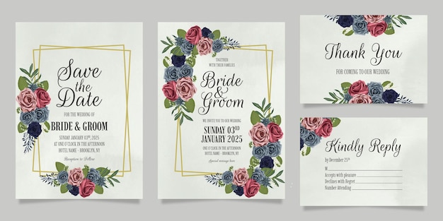 Wedding invitation template set with floral watercolor roses design