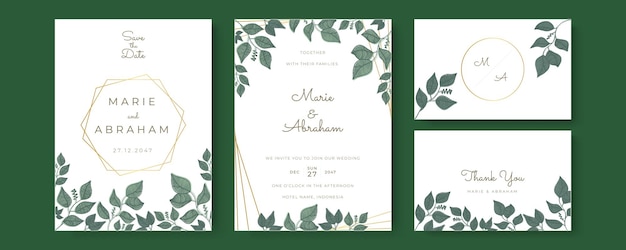 Wedding invitation template set with foliage line art. Botanical leaves hand-drawn.  