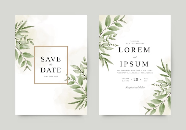 Vector wedding invitation template set with watercolor green leaves