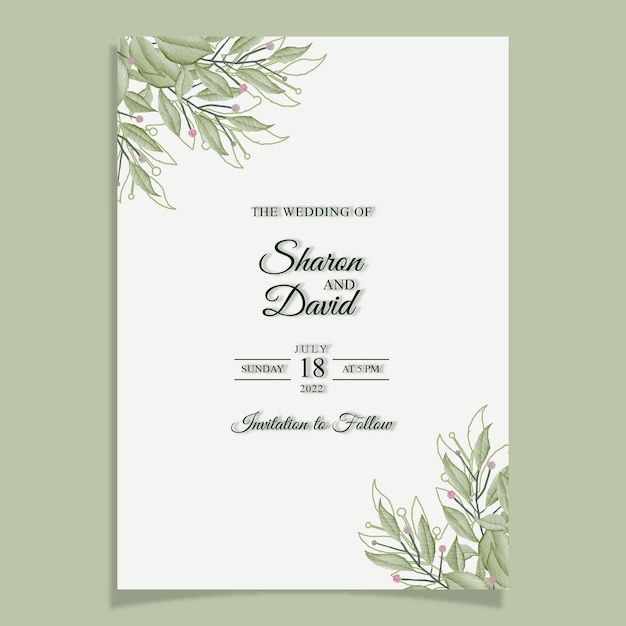 wedding invitation template set with watercolor rose flowers and leaves decoration
