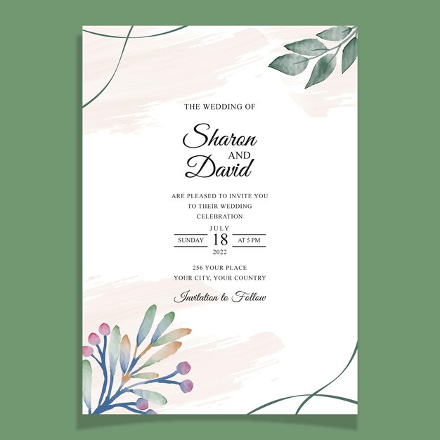 Vector wedding invitation template set with watercolor rose flowers and leaves decoration