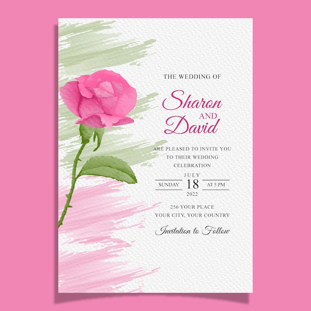 Wedding invitation template set with watercolor rose flowers and leaves decoration