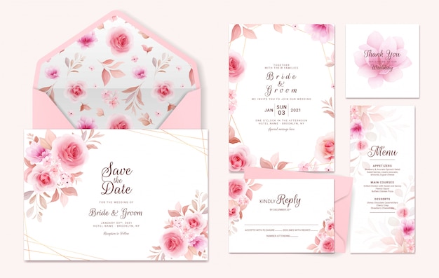 Suite modello di invito di nozze con bordo floreale, modello. Composizione di rose e fiori di sakura