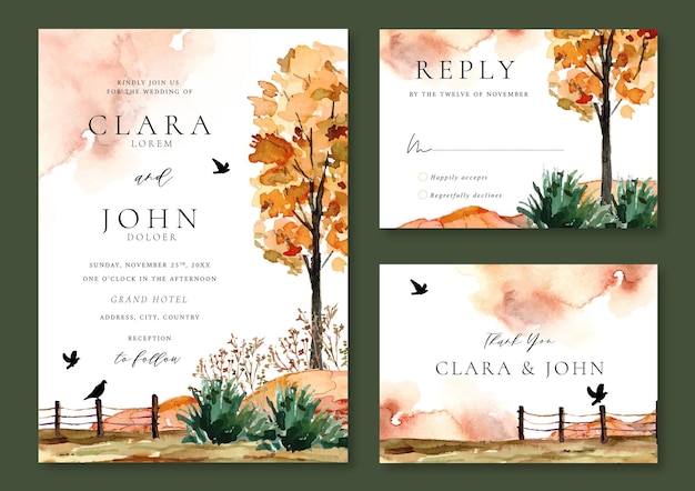 Wedding invitation template watercolor green park with birds and abstract background