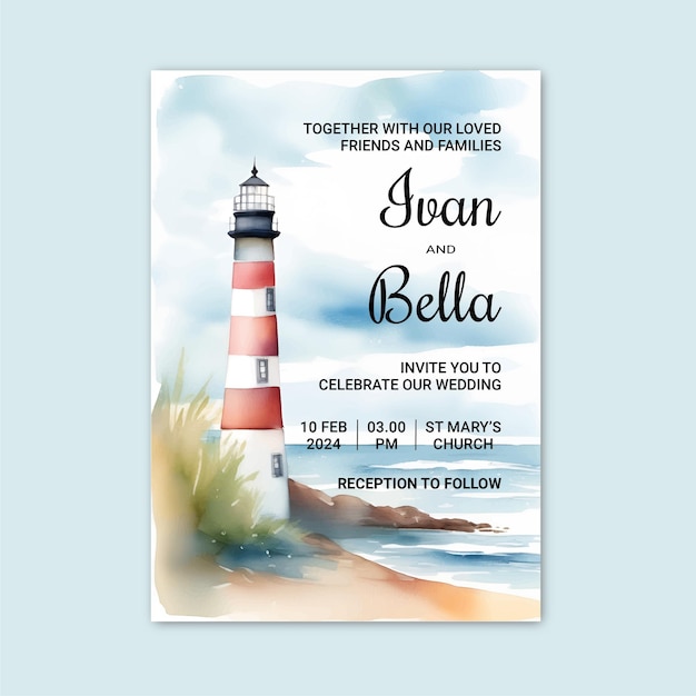 wedding invitation template watercolor landscape of lighthouse on the coast