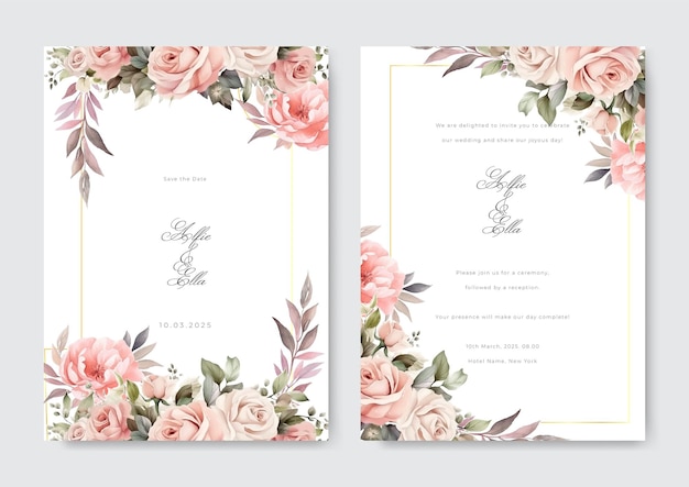 ベクトル アレンジメントの花と葉を持つ結婚式の招待状のテンプレート