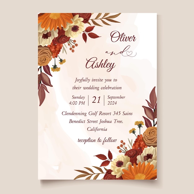 wedding invitation template with autumn background fall flowers and leaves greeting card