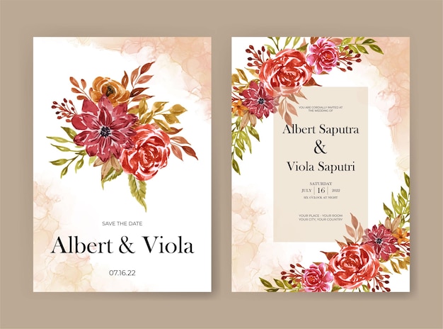 Wedding invitation template with autumn flower foliage watercolor