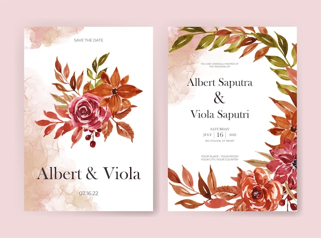 Wedding invitation template with autumn flower foliage watercolor