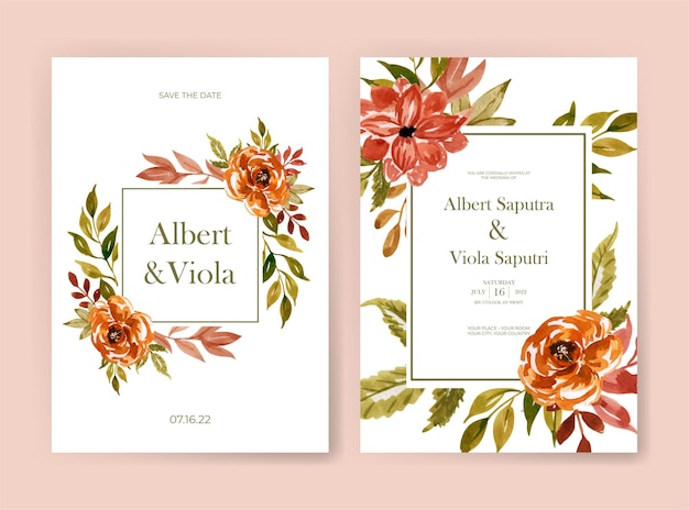 Wedding invitation template with autumn flower foliage watercolor