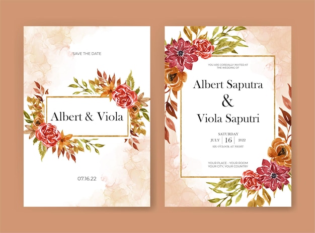 Wedding invitation template with autumn flower foliage watercolor