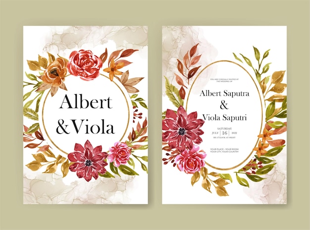 Wedding invitation template with autumn flower foliage watercolor