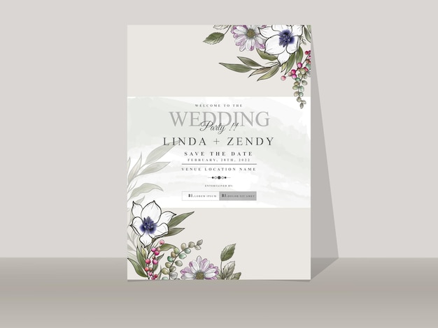 美しい花柄の手描きの結婚式の招待状のテンプレート