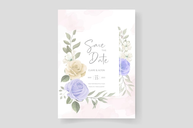 Wedding invitation template with beautiful flowers and leaves