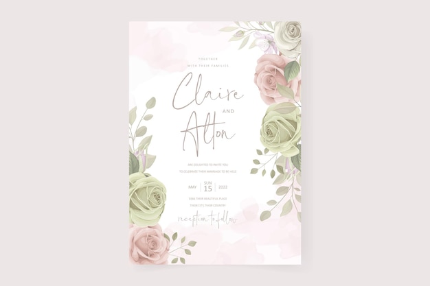 Wedding invitation template with beautiful flowers and leaves