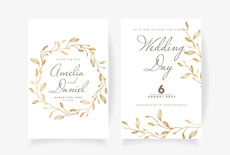  Wedding invitation template with beautiful golden leaves vector