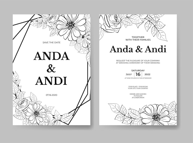 Vector wedding invitation template with beautiful outline flower