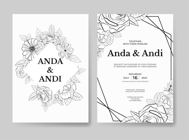 Vector wedding invitation template with beautiful outline flower