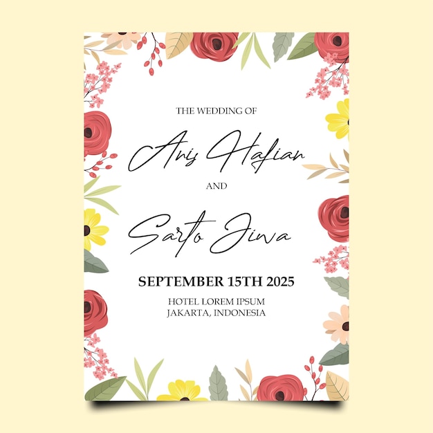 Vector wedding invitation template with beautiful rose bouquet