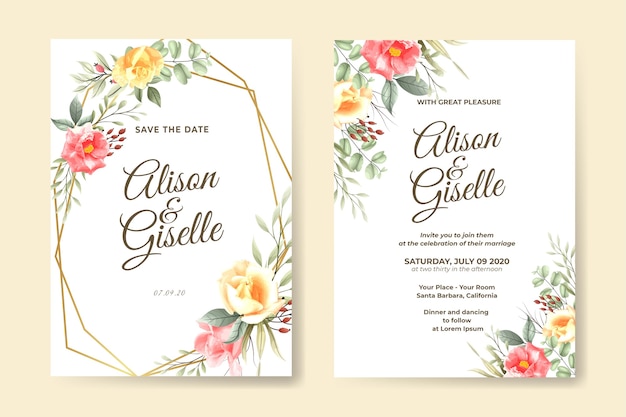 wedding invitation template with beautiful rose set