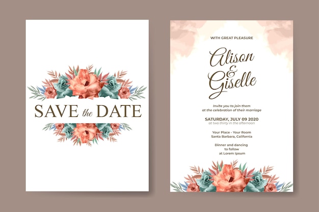 아름 다운 장미 꽃 세트와 결혼식 초대장 서식 파일