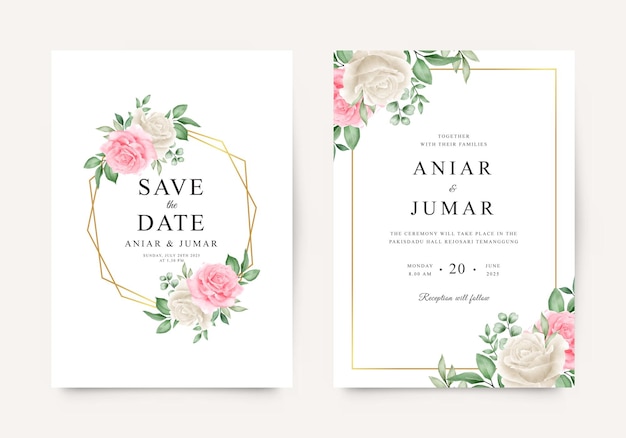 Wedding invitation template with beautiful watercolor roses