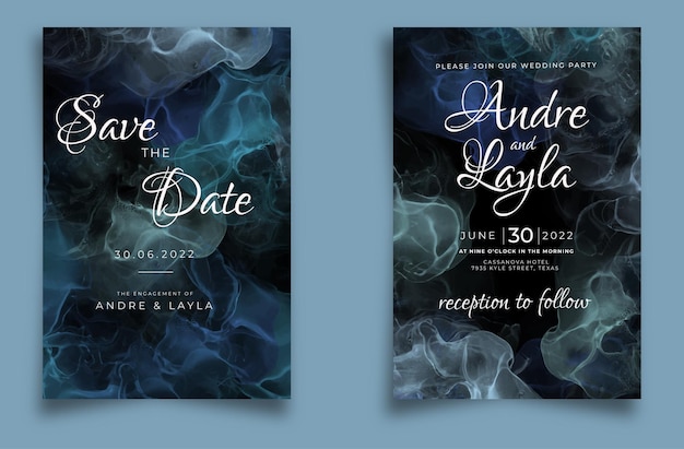 wedding invitation template with blue alcohol ink background