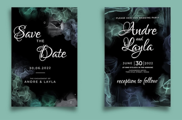 wedding invitation template with blue alcohol ink background