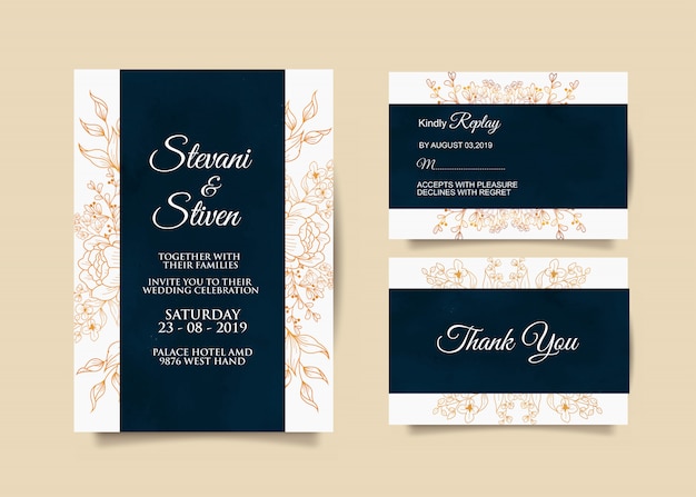 Vector wedding invitation template with blue and gold color