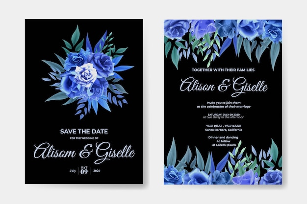 Wedding invitation template with blue rose flower set