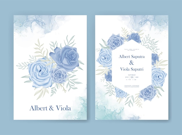 Wedding invitation template with blue rose watercolor