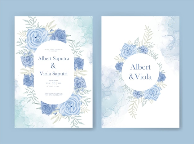 Vector wedding invitation template with blue rose watercolor