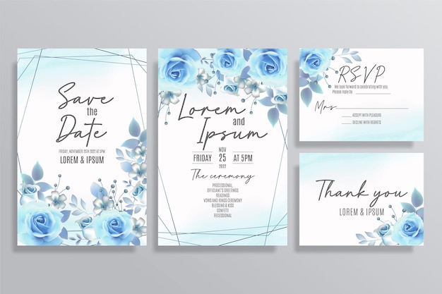 Wedding invitation template with blue roses flowers