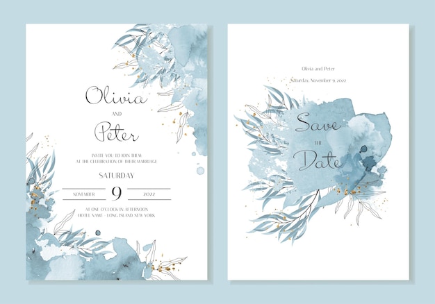 Wedding invitation template with botanical leaves watercolour blue strokes abstract background