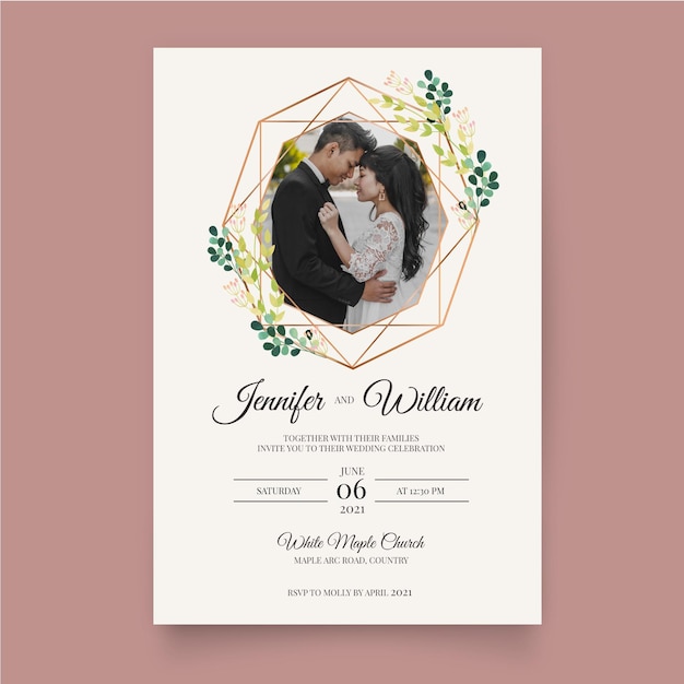 Vector wedding invitation template with bride and groom