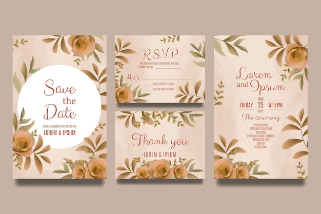 茶色のバラと葉の結婚式の招待状のテンプレート