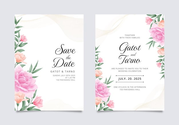 植物やバラのカラフルな花束と結婚式の招待状のテンプレート