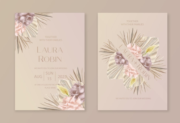 Wedding invitation template with dried lunaria pampas grass rose floral vector card