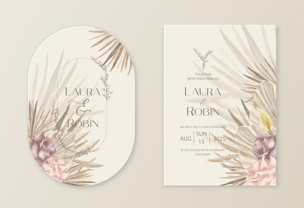 Wedding invitation template with dried lunaria pampas grass rose floral