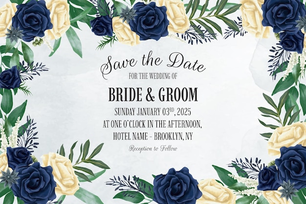 wedding invitation template with dusty watercolor floral frame composition