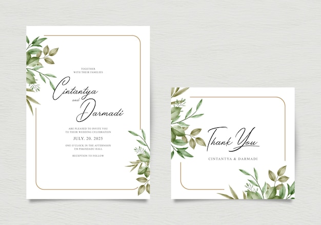 エレガントな葉の水彩画と結婚式の招待状のテンプレート