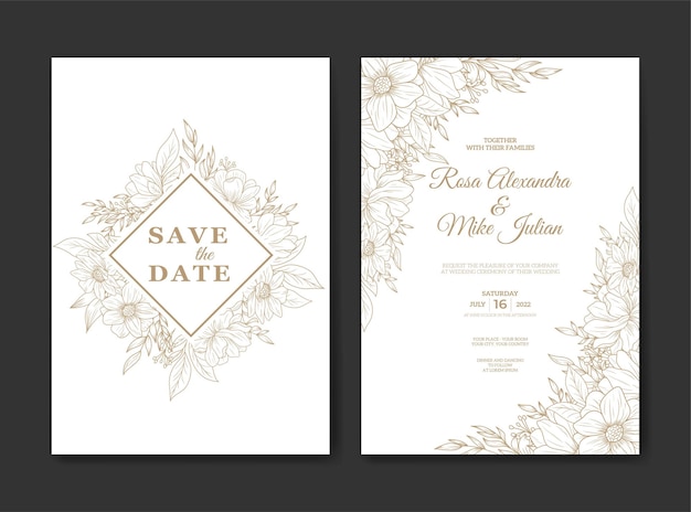 エレガントなアウトラインの花の装飾と結婚式の招待状のテンプレート